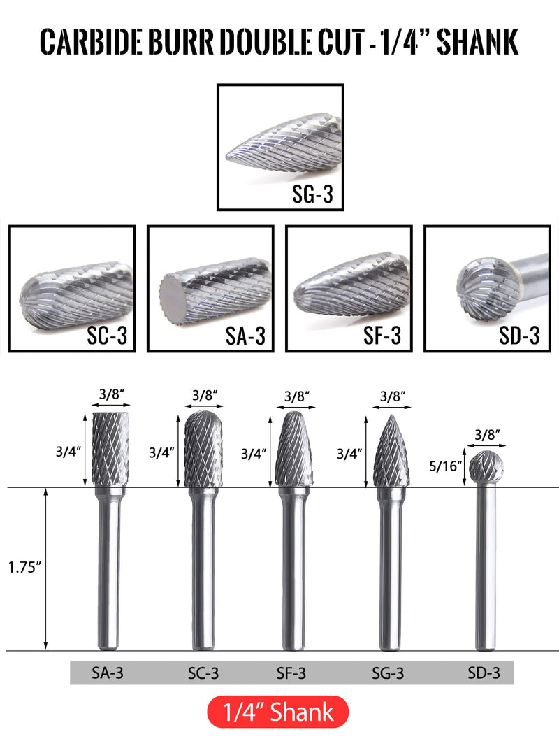 Tungsten Carbide Burr Set Die Grinder Bits 1/4" Shank 5Pcs - Double Cut Rotary Burr for Metal Deburring, Finishing, Carving, Grinding, Polishing, Engraving, Drilling 1/4"Shank 5PC