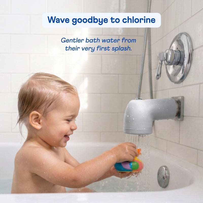 Bathtub Filter & Spout Cover | Reduces Chlorine & Impurities for Baby Skin | Rapid Flow Water Filter | Fits Standard Tub Faucets | Mist Grey