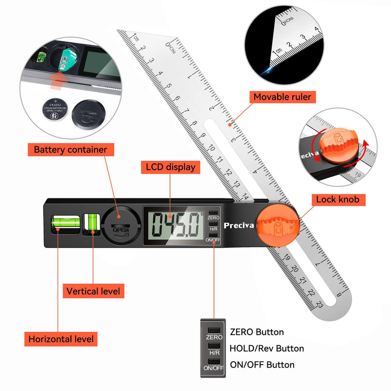 Preciva T-Bevel Gauge & Protractor with Horizontal and Vertical Bubble,0-338° Digital Angle Finder Protractor 230mm/8inch Display for Carpentry Woodworking, Metalworking, Construction Alloy Steel