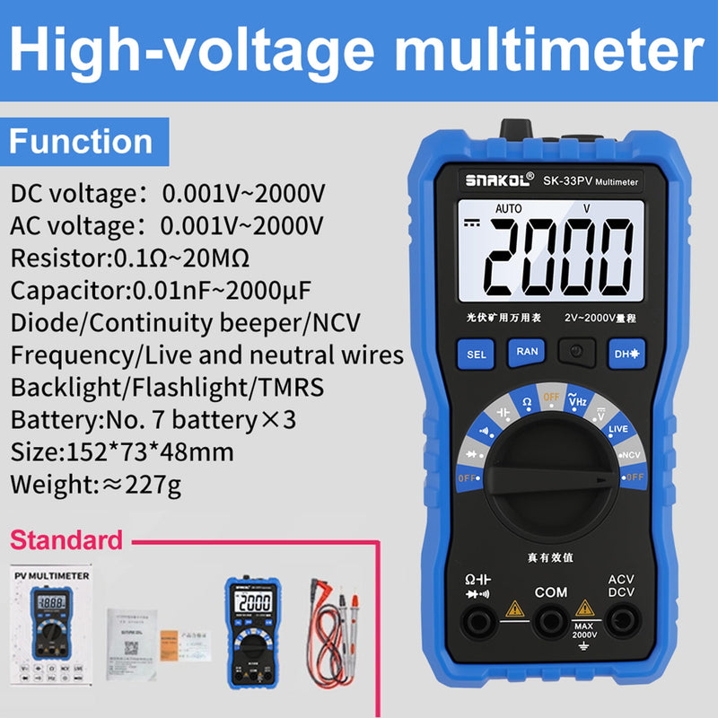 Digital Multimeter Tester, 2000V Volt Meter TRMS, High Voltage Meter for AC DC Voltage, Resistance, Continuity, Diode, Frequency Test with NCV, Backlit LCD Display, Data Hold, Auto-Ranging