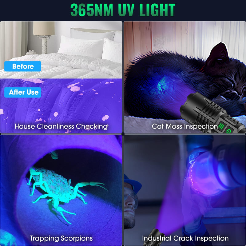 AdamStar UV&High Lumens Flashlight Rechargeable, 2-in-1 Powerful Blacklight LED Flashlight Tactical 6 Modes Super Bright Waterproof Zoomable Detector for Pet Urine Curing Resin Camping 1 Pack