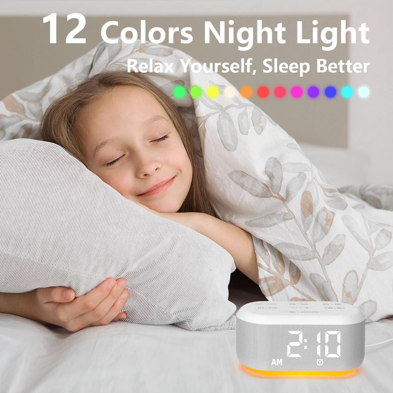 Small Digital Alarm Clock for Bedrooms Sound Machine with 30 Soothing Sound Plug in Desk Clock with Night Light Noise Machine Battery Backup 15 Wake up Sound Clock for Teen Kid Heavy Sleeper Snooze White
