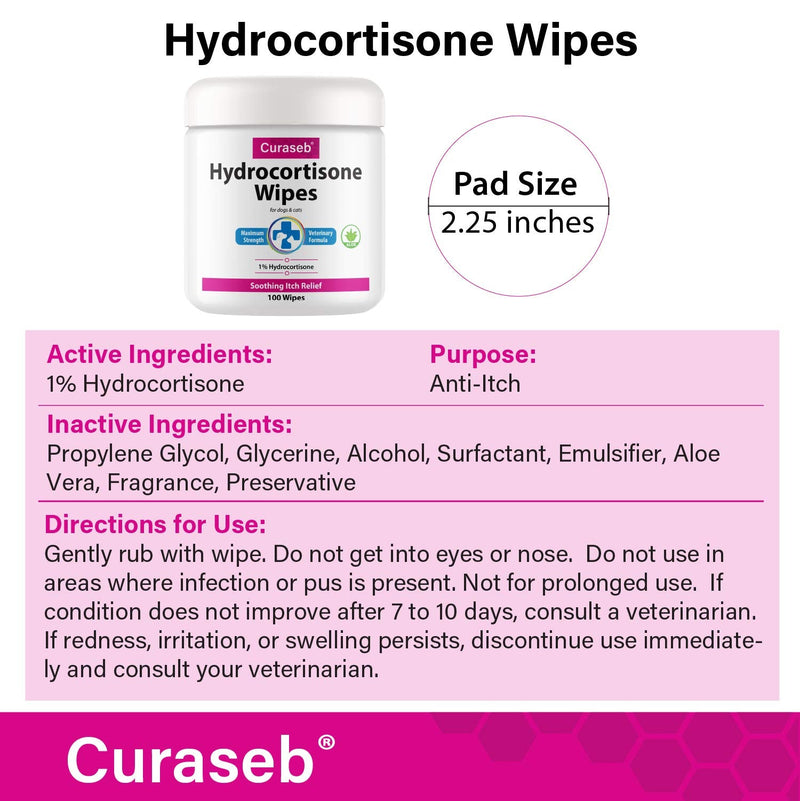 Curaseb Hydrocortisone Wipes, Hot Spot Treatment for Dogs & Cats, Instant Itch Relief with Soothing Aloe Vera, Veterinary Strength, 100 Count - PawsPlanet Australia