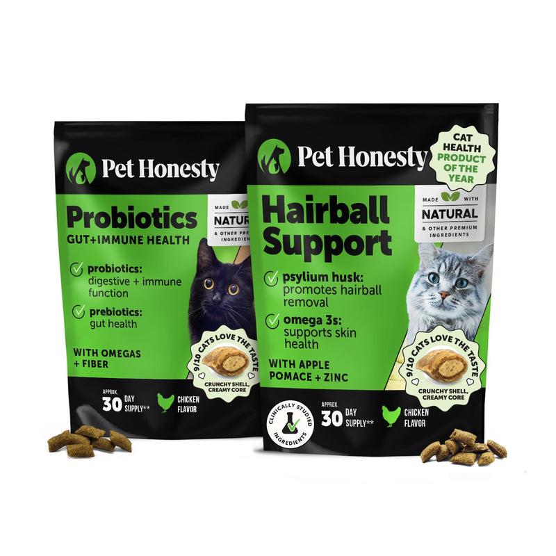 Cat Digestive & Hairball Support Virtual Bundle – Probiotics Gut + Immune Chews + Hairball Support Chews, 30 Day Supply Each
