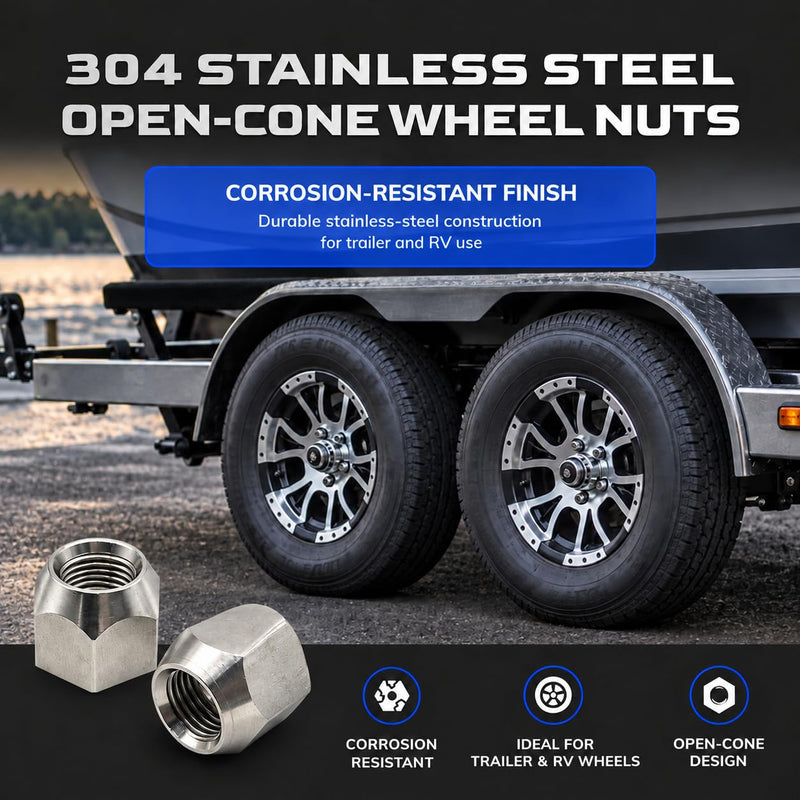 MIGHTY FASTENERS 304 Stainless Steel Open Cone Wheel Nuts, 9/16"-18 Thread, Ideal for Trailers and RVs, Corrosion Resistant, 20-Pack