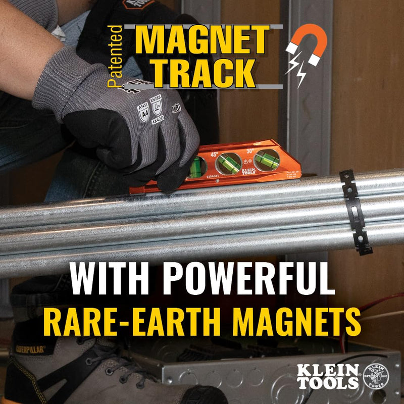 Klein Tools 935AB4V Level, 6-Inch Magnetic Torpedo and Conduit Level with 0/30/45/90 Degree Vials, V-Groove and Magnet Track, High Visibility Orange