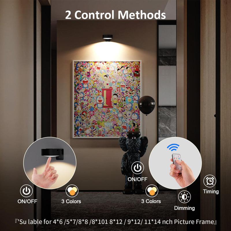 Picture Lights for Wall, Painting Frame Lights with 3 Lighting Modes, Rechargeable Battery Operated Wall Lights, Magnetic Led Painting Lights with Remote Dimmable and Timer (Black, 3Pack) Black