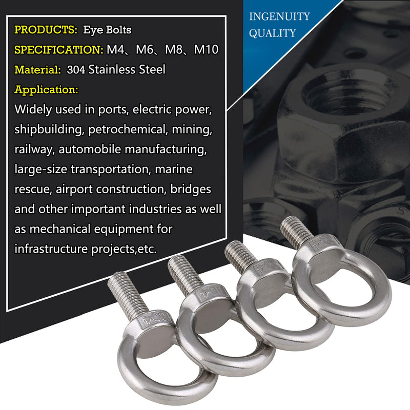 Shoulder Lifting Eye Bolts, 3/8" 304 Stainless Steel Heavy Duty Anchor Fastener Screw Bolt for Hanging Hammocks Articles (M10, 4Pack) M10 4Pcs