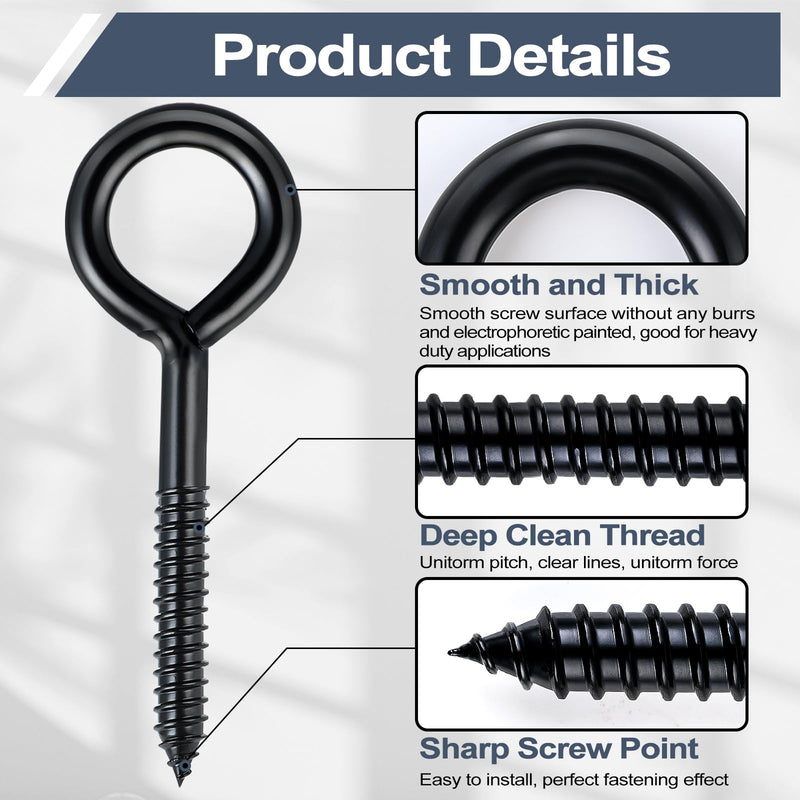 DELSWIN Eye Hooks Screw Eye Bolt - 800Lbs, 6 Inch Heavy Duty Eye Hooks, Rustproof Self Tapping Eye Bolts Eyelet Screw for Indoor & Outdoor, Hammock, Swing, Securing Cables Wire (2 Pack) Black (6Inch)-2Pcs
