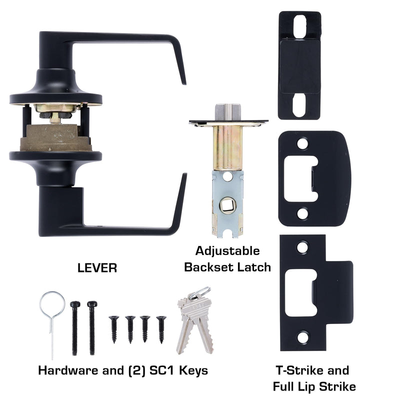 BRINKS Commercial - Light Duty Keyed Door Entry Storeroom Lever, Matte Black Finish - Meets ANSI Grade 2 Standards and is ADA Compliant 1 Pack Keyed Entry Storeroom Lever