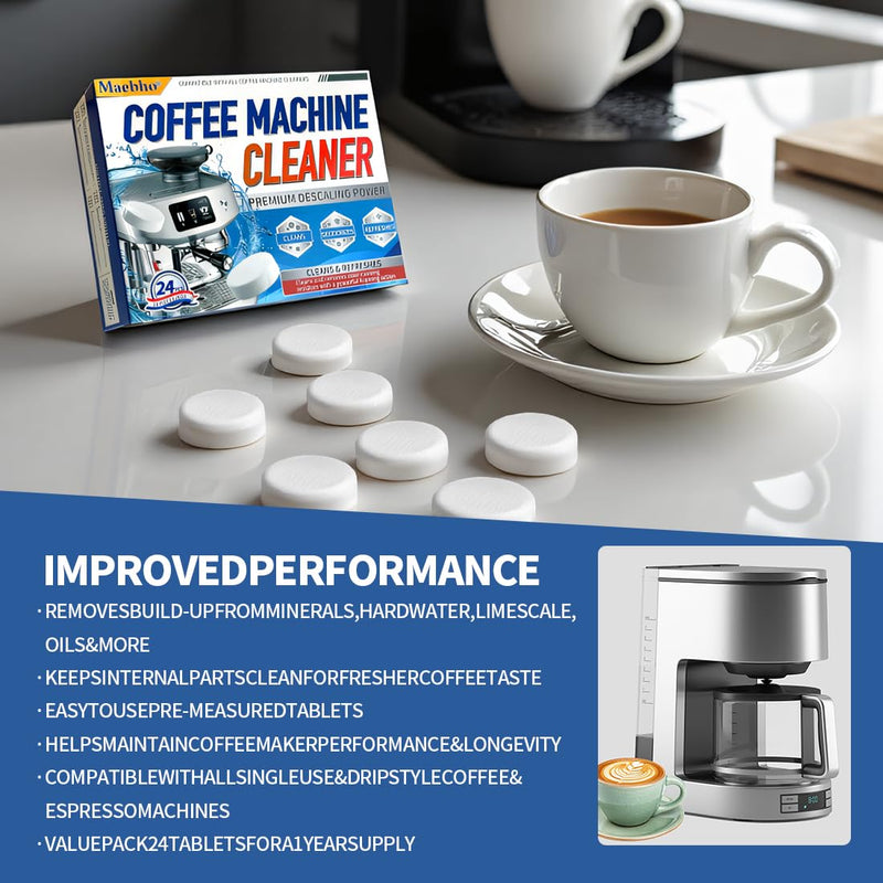 Coffee Machine Cleaner Descaler Tablets - 24 Count Coffee Maker Cleaner Tablets Deep Cleaning and Descaling Compatible With Nespresso, Keurig, Ninja, Delonghi, Miele,Breville
