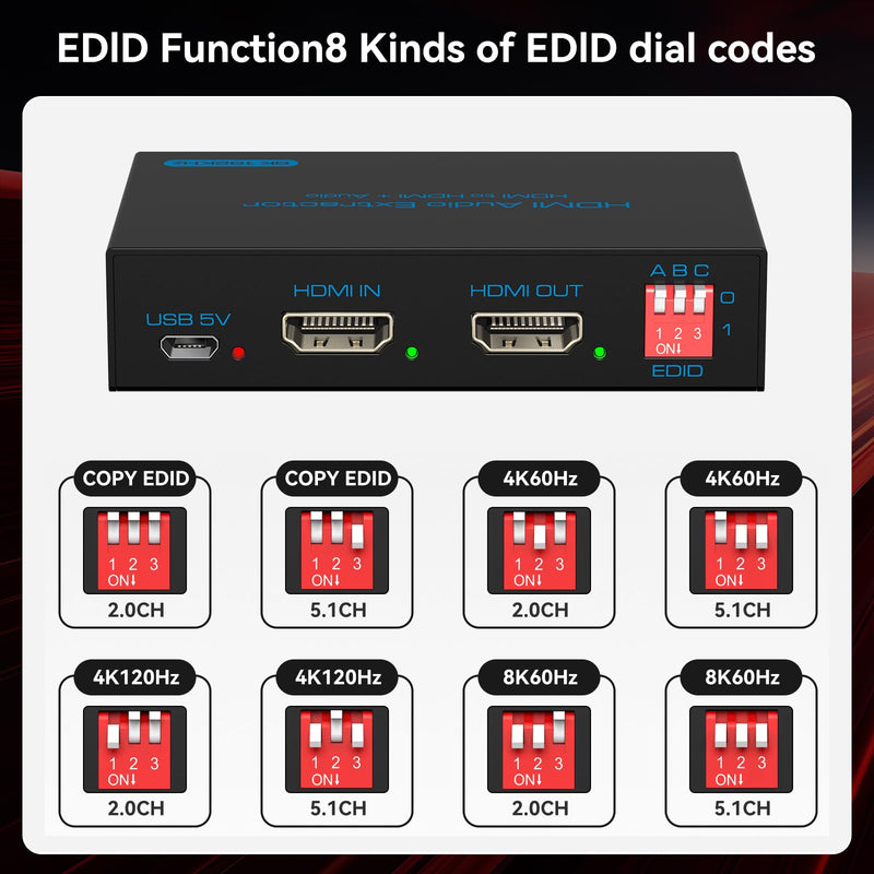 8K 60Hz HDMI Audio Extractor 4K 120Hz HDMI to Optical Coaxial AUX Converter Supports HDCP Digital DTS 5.1 EDID Management PCM 2.0 for Fire TV PS4 PS5 Xbox