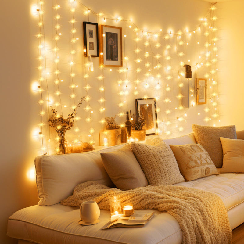 Minetom Curtain Lights, 300 LED Dimmable Fairy Lights with Remote and Timer, 8 Modes, USB Powered String Lights for Room Wall Party Xmas Indoor Decor, Warm White 1 Pack