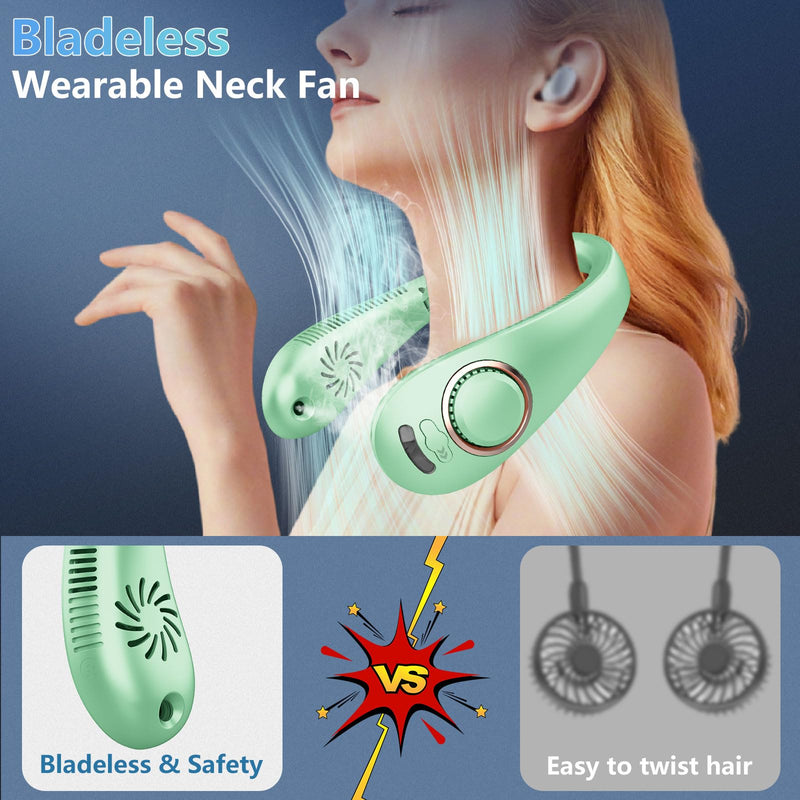 Personal Fan Neck Fan Mister-Fold away Wearable around the Neck Fan, Cordless Bladeless Personal Cooling Device,Neck Coolers for Women Men Kids Dad Mom Extremely Hot Weather Indoor Outdoor Green