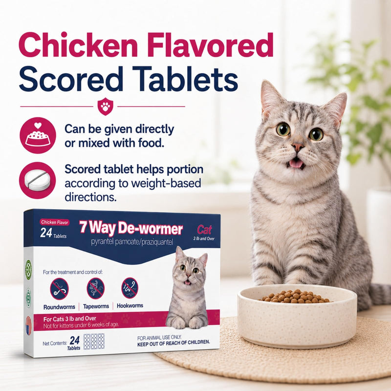 MEGEAR 7 Way De-Wormer for Cats, Chicken Flavored Tablets for Roundworms, Tapeworms & Hookworms, with Pyrantel Pamoate & Praziquantel, for Cats 3 lbs and Over, 24 Tablets