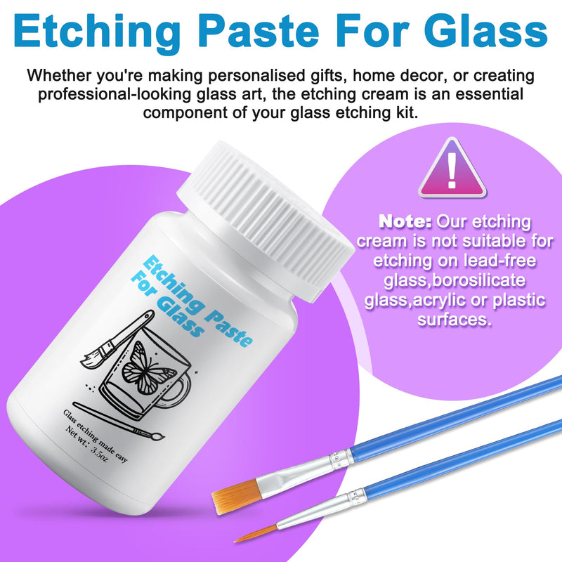 3.5 OZ Glass Etch Starter Cream Kit for Intricate Designs,Etching Art Cream Etching Paste DIY Art Craft Supplies Create Permanently Stunning Etched Designs for Mirrors Windows Glass 3.5 OZ