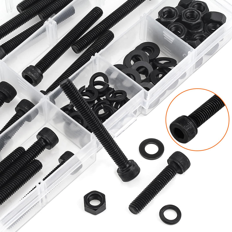 80 Pieces M6 x 30mm /35mm /40mm /45mm /50mm, Hex Socket Head Cap Metric Screws Bolts Washers Nuts Kit, 12.9 Grade Alloy Steel, Fully Threaded, Black M6 x 30/35/40/45/50mm