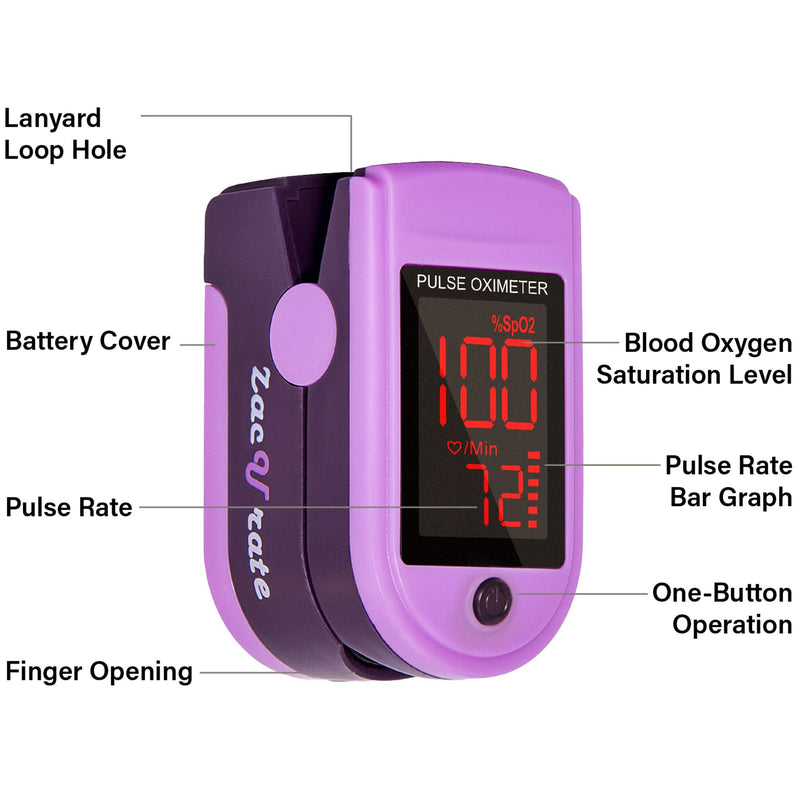Zacurate Pro Series 500DL Fingertip Pulse Oximeter Blood Oxygen Saturation Monitor with Silicone Cover, Batteries and Lanyard Mystic Purple