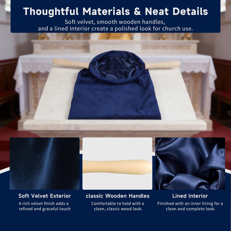 2 Pack Royal Blue Church Offering Bags with Wooden Handles, Velvet Tithe Collection Bags with Neat Open Shape and Lined Interior for Worship Service and Church Giving