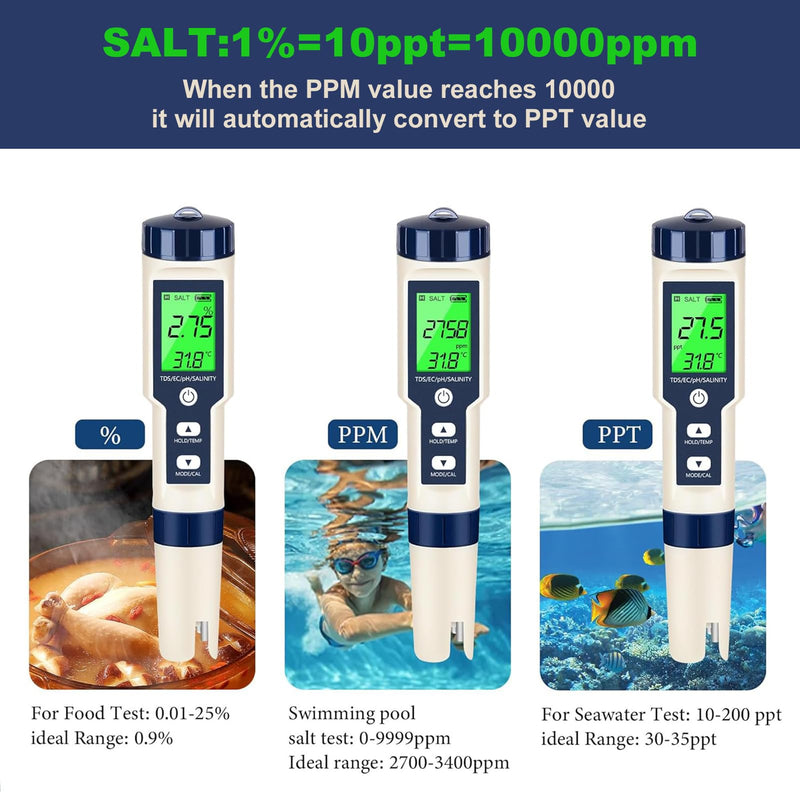 Pool Salt Tester & PH Meter - 5-in-1 Digital TDS Meter for Salinity PH Temp and EC, 0.01 High Accuracy, Swimming Pool, Hydroponics, Aquarium, Hot Tub, PPM Meter for Pool, Drinking Water, Wine