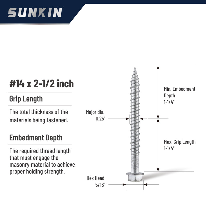 SUNKIN 40PCS Concrete Screws, Bi-Metal Stainless Steel 304, #14 x 2-1/2" Hex Head, Hardened Tip, for Masonry & Concrete, Outstanding Rustproof #14 x 2-1/2 inch