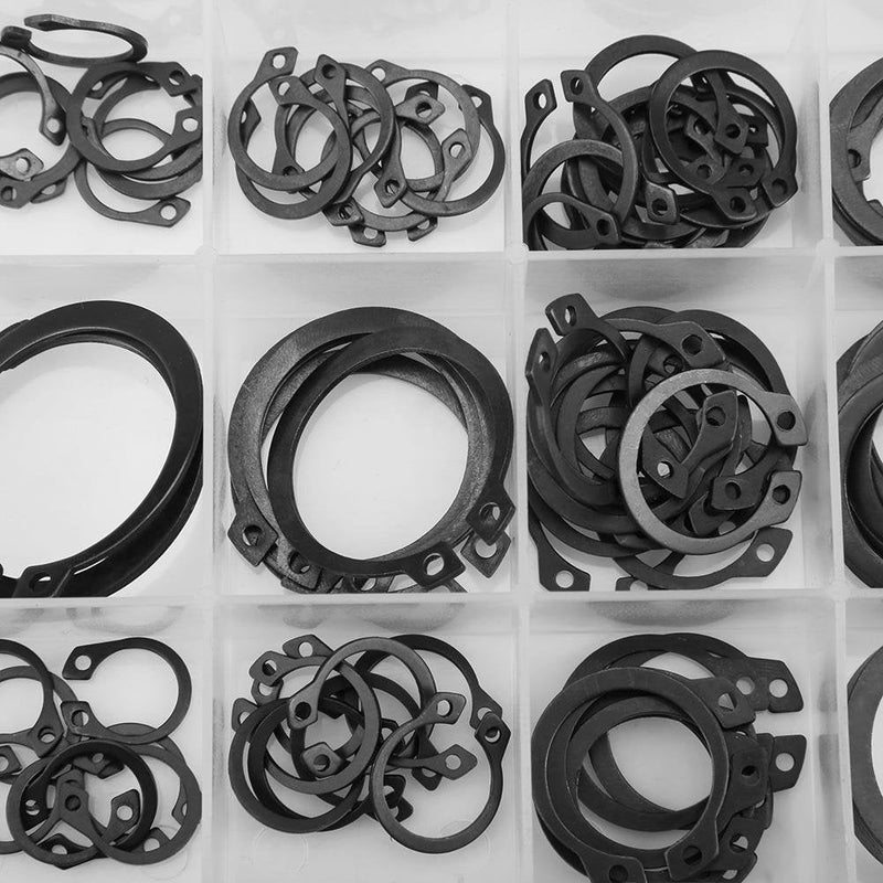 150pcs Black C Clips Snap Ring Shop Assortment Internal External Lock Snap Retaining Ring Metal Circlip for Industrial Fasteners 18 Sizes with Box Size 3mm - 32mm