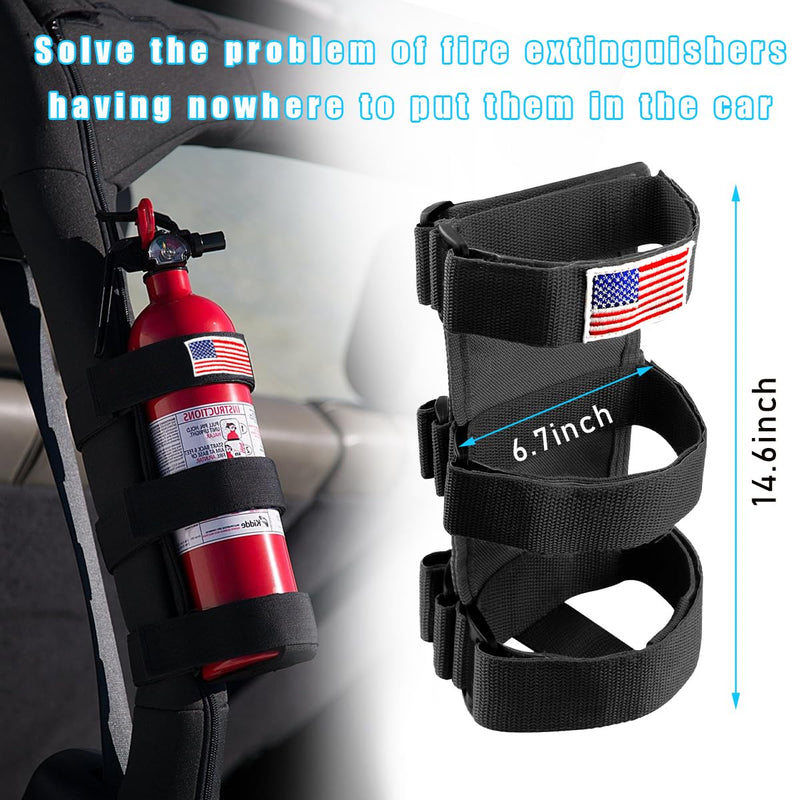 Roll Bar Fire Extinguisher Holder, Adjustable Fire Extinguisher Mount Strap with American Flag Pattern, Car Accessories Fixed Belt for Wrangler JK JKU TJ CJ Gladiator (Black) Black