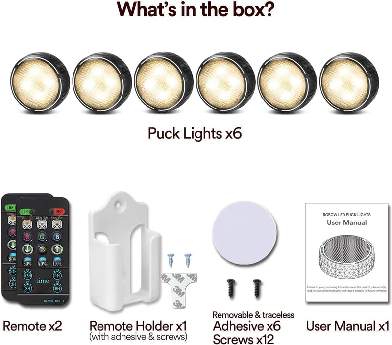 LED Puck Lights with Remote Battery Operated Under Cabinet Lighting Wireless Stick on Lights Color Changing Timer Tap Lights for Cabinets Shelves Closets Display Case - 6Pack Black 6 Pack