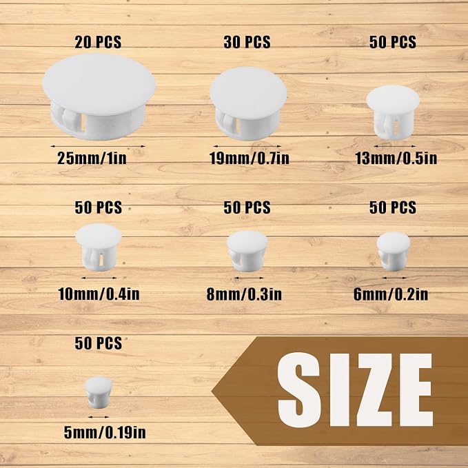 Plastic Hole Plugs, 180pcs White Panel Knockout Locking Plugs, Round Drill Screw Hole Plugs Covers for Kitchen Cabinet Furniture Insert End Caps, 1" 3/4" 1/2" 3/8" 5/16" 1/4" 1/5" B-white Mixed