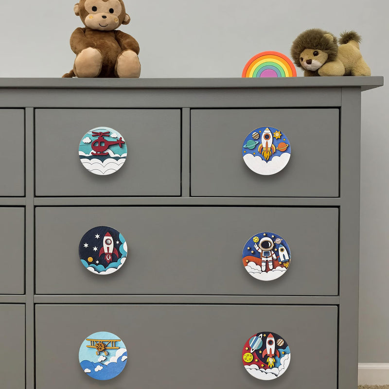 JamJam Set of 8 1.8" Wooden Cabinet Knobs Space Rocket Astronaut Moon Theme Nursery Kids Room Furniture Dresser Drawer Knobs and Pulls