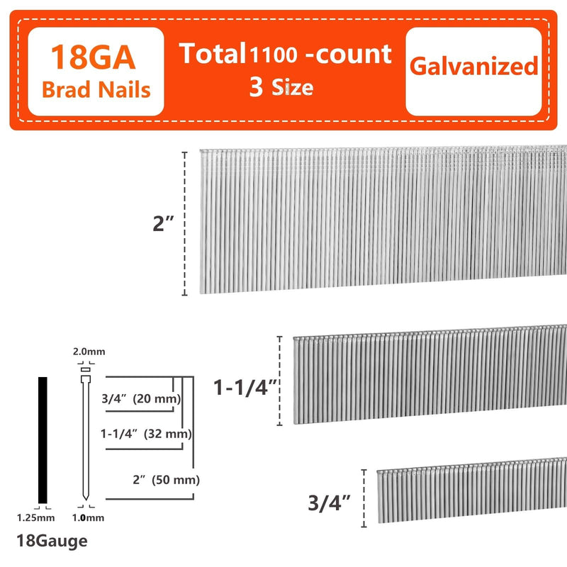 18 Gauge Galvanized Brad Nails 1100-Pack (3/4"-400, 1-1/4"-400, 2"-300 Pcs), Assorted Size Project Pack, for Pneumatic, Electric Brad Nailers assembly 1100 - NewNest Australia