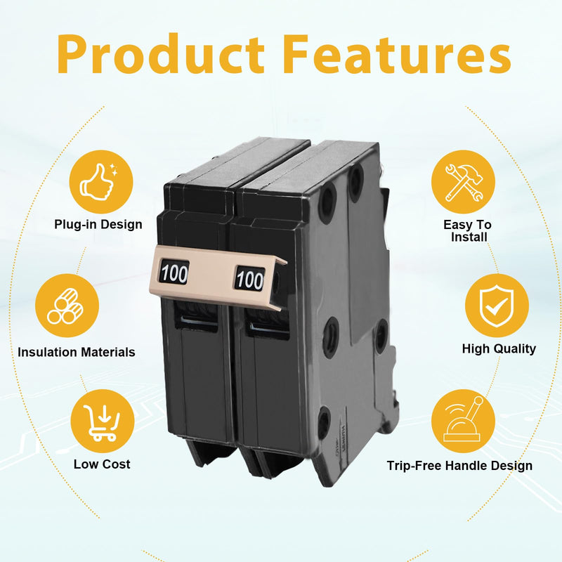 New Upgrade 2100 2-Pole 100-Amp Circuit Breaker, 3/4-Inch Plug-On Molded Case Circuit Breaker, Thermal Magnetic Protection, 100 Amp 10 KAIC, 120/240V