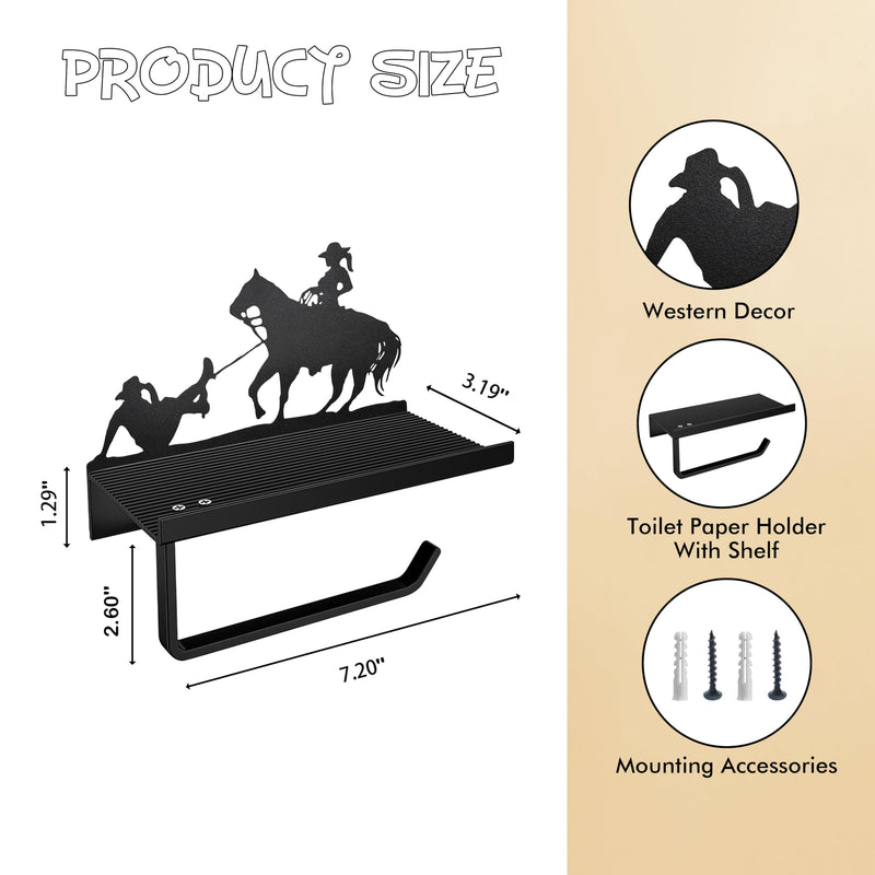Western Toilet Paper Holder with Shelf, Rustic Farmhouse Toilet Paper Holder Funny Cowboy Bathroom Decor, Country Western Bathroom Accessories Metal Toilet Paper Roll Holder for Wall Mount Bathroom