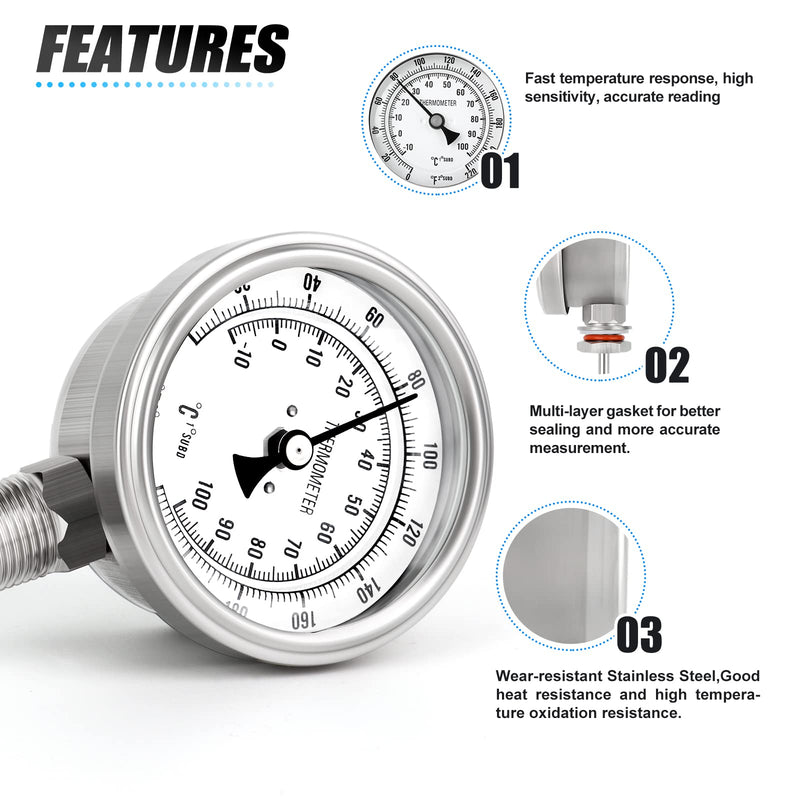 MEANLIN MEASURE 1/2" NPT Bimetal Thermometer for hot Water, boilers, and Pipes，3.2" Dial, 4.4" Stainless Steel Stem，Temperature Range 0-220°F/-10-100 ° C, Accuracy 2%,Lower Mount 3.3Dial/0-220°F(Lower Mount)