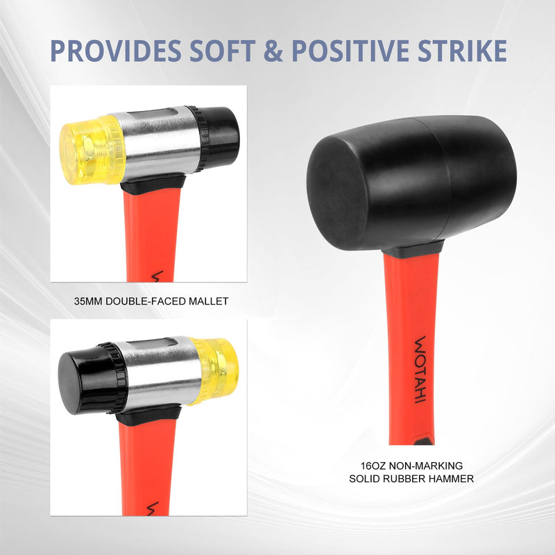 2-Piece Hammer Set - 16 oz Rubber Mallet Hammer and 35 mm Double-Faced Soft Hammer with Solid Head and Soft Grip Fiberglass Handle,2 Piece Rubber Mallet Set