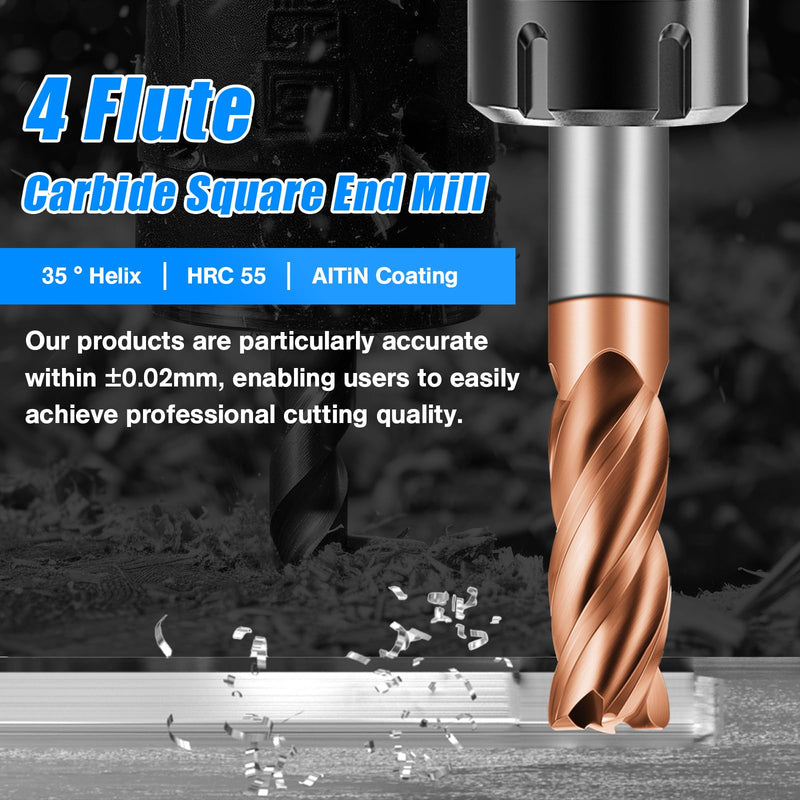 1/4" Carbide End Mills - 4 Flute Square End Mill with AlTiN Coating, HRC 55 Deg, 4T Tungsten Milling Bits for Stainless Steel, Hardened Steel, Cast Iron, Copper, Alloys & More 1/4 in