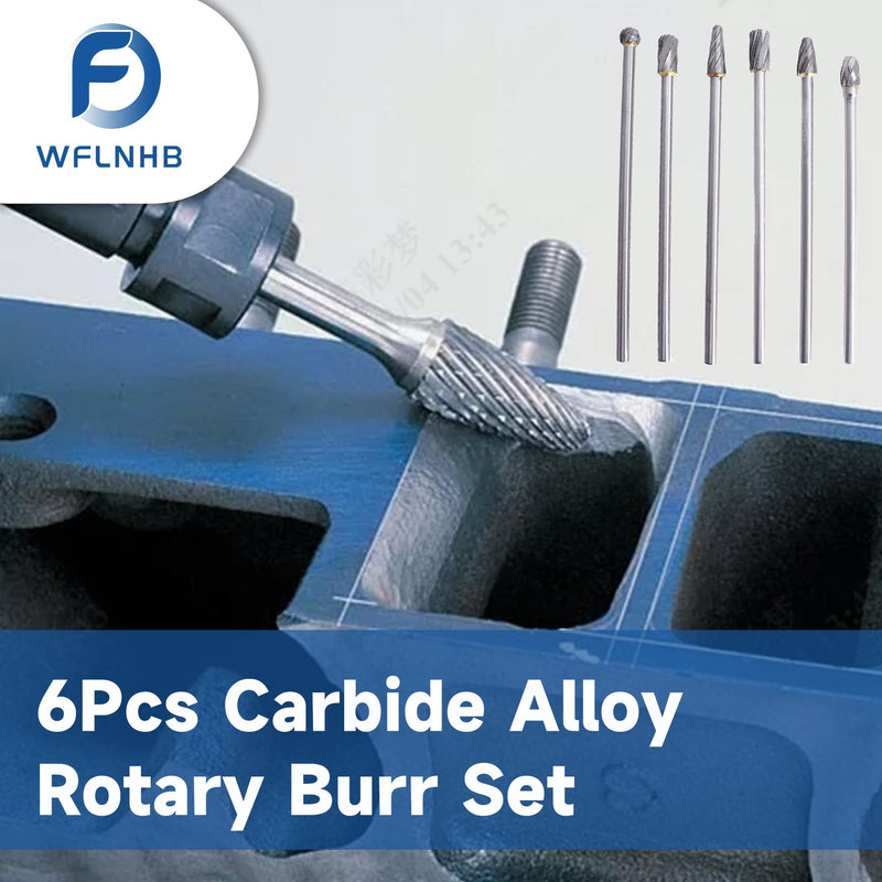 WFLNHB Carbide Alloy Rotary Burr Set - 6Pcs 6mm 1/4 Inch Shank 150mm Long Fit Rotary Tool for Woodworking, Drilling, Metal Craving, Engraving, Polishing