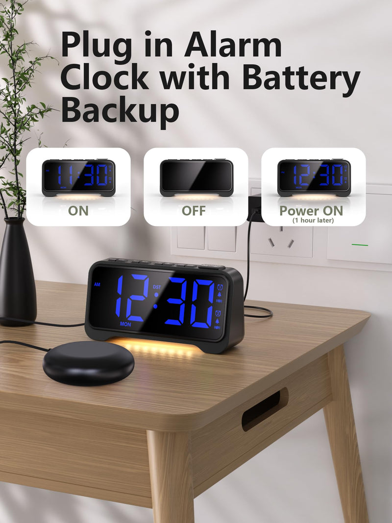 Mesqool Extra-Loud Alarm Clock with Bed Shaker for Heavy Sleepers, Vibrating & Buzzer Modes, Dual Alarms, USB Charging, Snooze & Battery Backup for Adults, Teens, Seniors Blue Digits With Bed Shaker