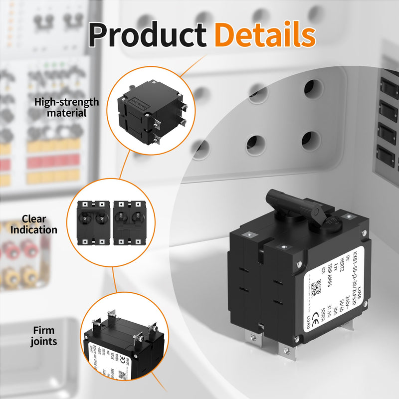 Joinfworld Double Pole Toggle Circuit Breaker, 30 Amp 80V DC/240V AC for RV, Marine, Automation, Home Devices 2P 30A