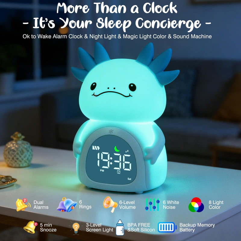 Axolotl Alarm Clock for Kids, Rechargeable Ok to Wake Clock with Night Light - BPA-Free Silicone Sleep Training Clock, Cute Toddler Wake Up Clock for Boys Girls Bedroom Blue Axolotl