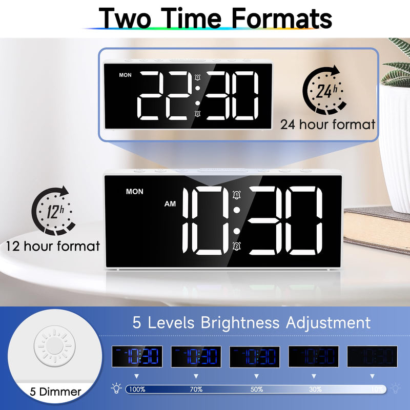 Alarm Clock with Large Display Big Numbers,5 Levels Brightness，Snooze,USB Charging Port,LED and Mirror Desk Clock,Dual Alarms Modern Electronic Clock for Bedroom Home Living Room Office. (White) White