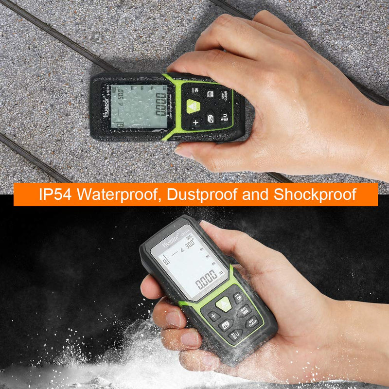 Huepar Laser Distance Meter 393Ft with Li-ion Battery & Electric Angle Sensor, Backlit LCD Laser Measure M/in/Ft with High Accuracy Multi-Measurement Modes, Pythagorean, Distance, Area&Volume 393Ft. Single Red Laser Measure LM120