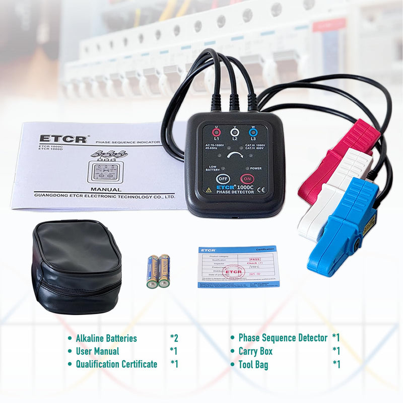 ETCR1000C Non-Contact Phase Sequence Tester Phase Rotation Meter | For insulated wires 0.06-0.6in (1.6-16mm) diameter, suitable for AC 70-1000V phase sequence testing