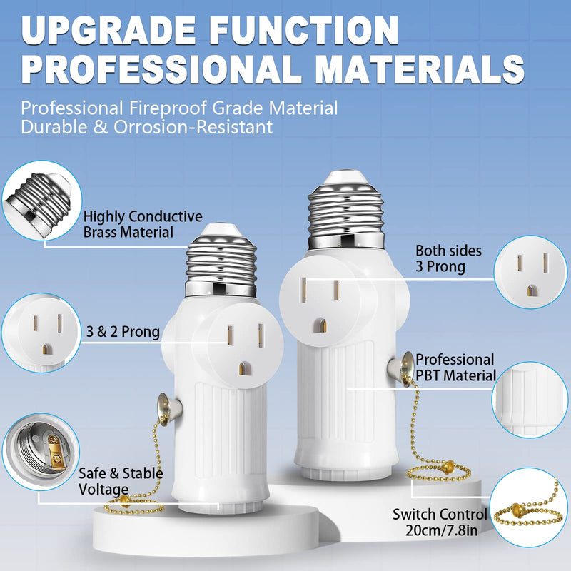 Light Socket to Plug Adapter, (2 Pack) Both Sides 3 Prong Light Bulb Outlet Socket Adapter, Heat-Resistant Materials Light Socket Adapter, Light Bulb Plug Adapter for Expansion Socket - White 2