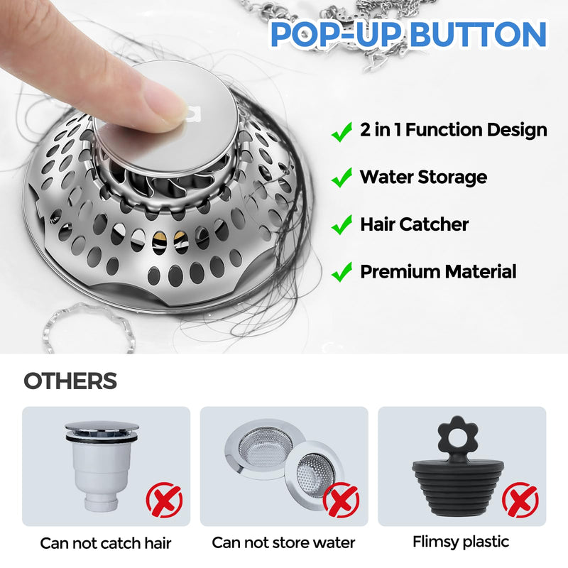 zaa Bathtub Drain Stopper, Upgraded 2in1 Tub Stopper Bathtub Drain Cover and Hair Catcher, Pop Up Bathtub Drain Plug, Replaces Lift & Turn, Tip-Toe or Trip Lever, for 1.46-2" W Drain Hole, Silver