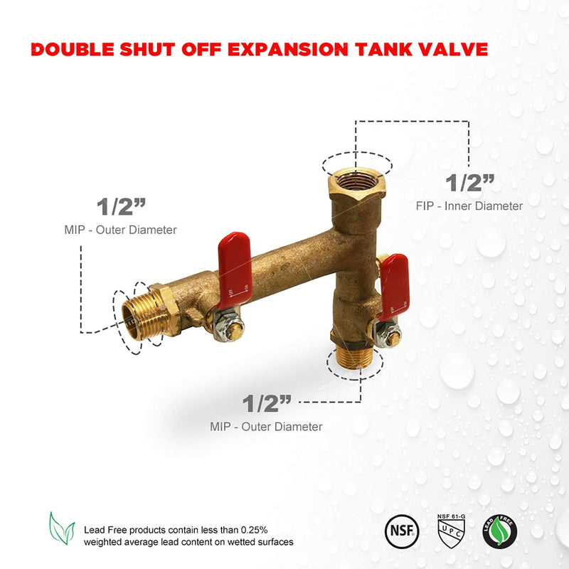 Midline Valve S3565 Double Shutoff Expansion Tank Isolator Valve, with Drain, Brass, 1/2 in. MIP x FIP Single Pack 1/2 in.