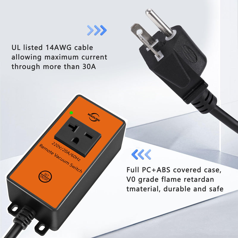 220v Automatic Remote Vacuum Switch， Wireless Remote for Dust Collector and Table Saw Tools Starter Outlet Switch, 5S 10S Delay OFF(Battery Included) 220V