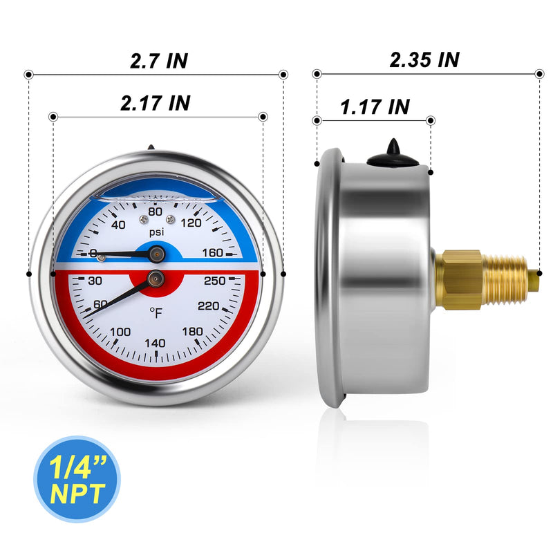 MEANLIN MEASURE 0-160Psi Stainless Steel Thermal Pressure Gauge 30-250℉ 1/4" NPT 2.5" FACE DIAL Liquid Filled Pressure Gauge, with 1/4" x 1/2" NPT and 1/4" x 3/8" NPT Hex Bushing,Back Mount Back Mount