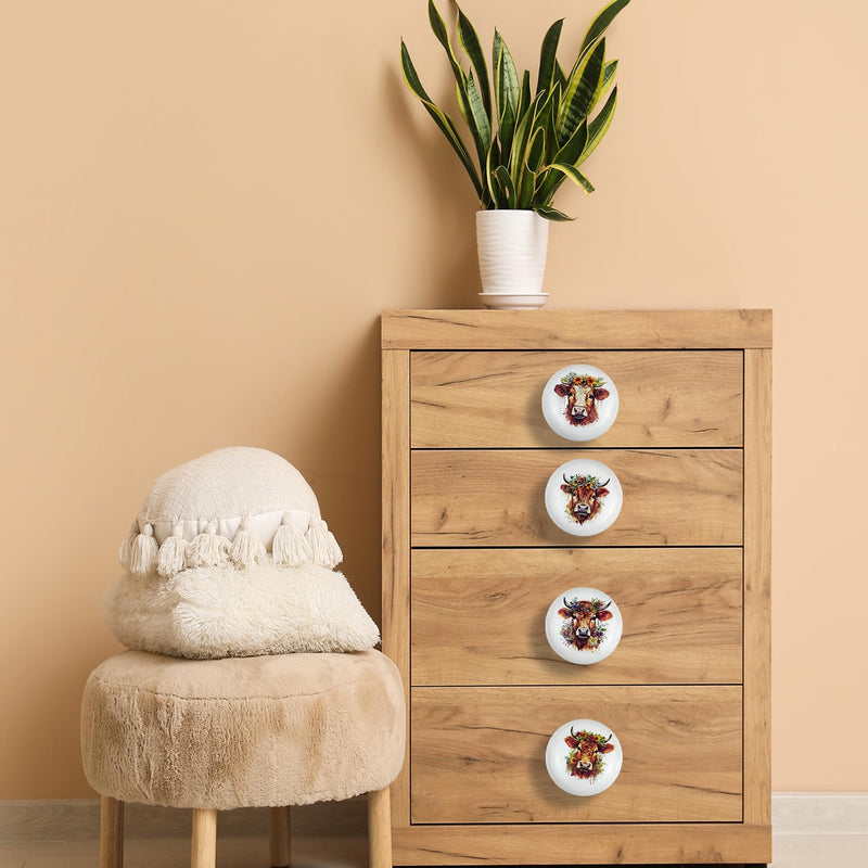 JamJam Set of 8 1.5" Ceramics Cow and Flower Knob Unique Farmhouse Rustic Cabinet Kitchen Dresser Drawer Knobs or Pulls