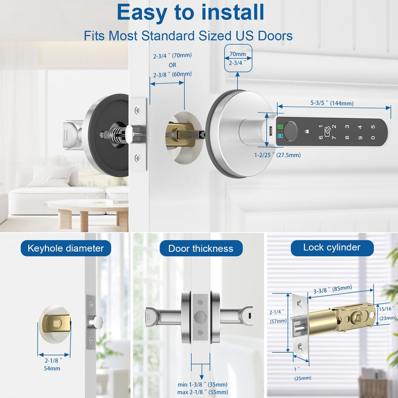 Fingerprint Door Lock, Finger Print Door Knobs Thumbprint Door Knob with App Control/Fingerprints/IC Cards/Codes/Keys, Smart Lock for Bedroom Home Apartment